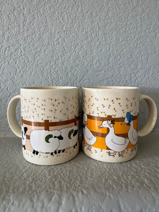 Vintage 1970s Japanese Stoneware Mugs with sheep and geese