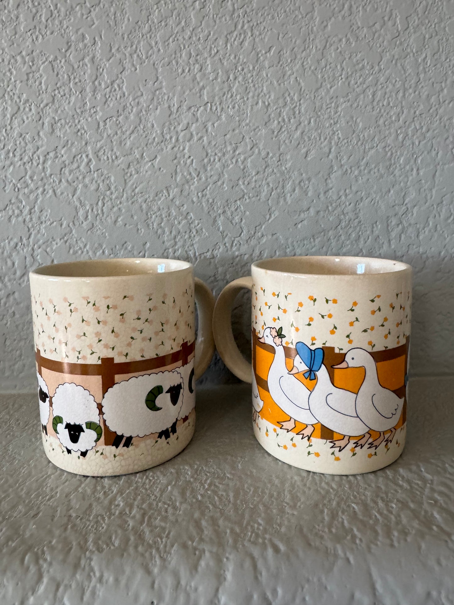 Vintage 1970s Japanese Stoneware Mugs with sheep and geese