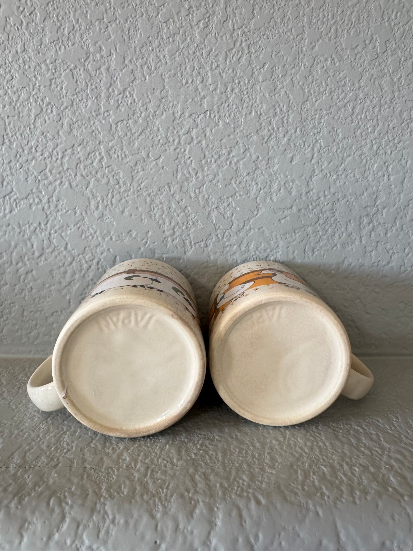 Vintage 1970s Japanese Stoneware Mugs with sheep and geese